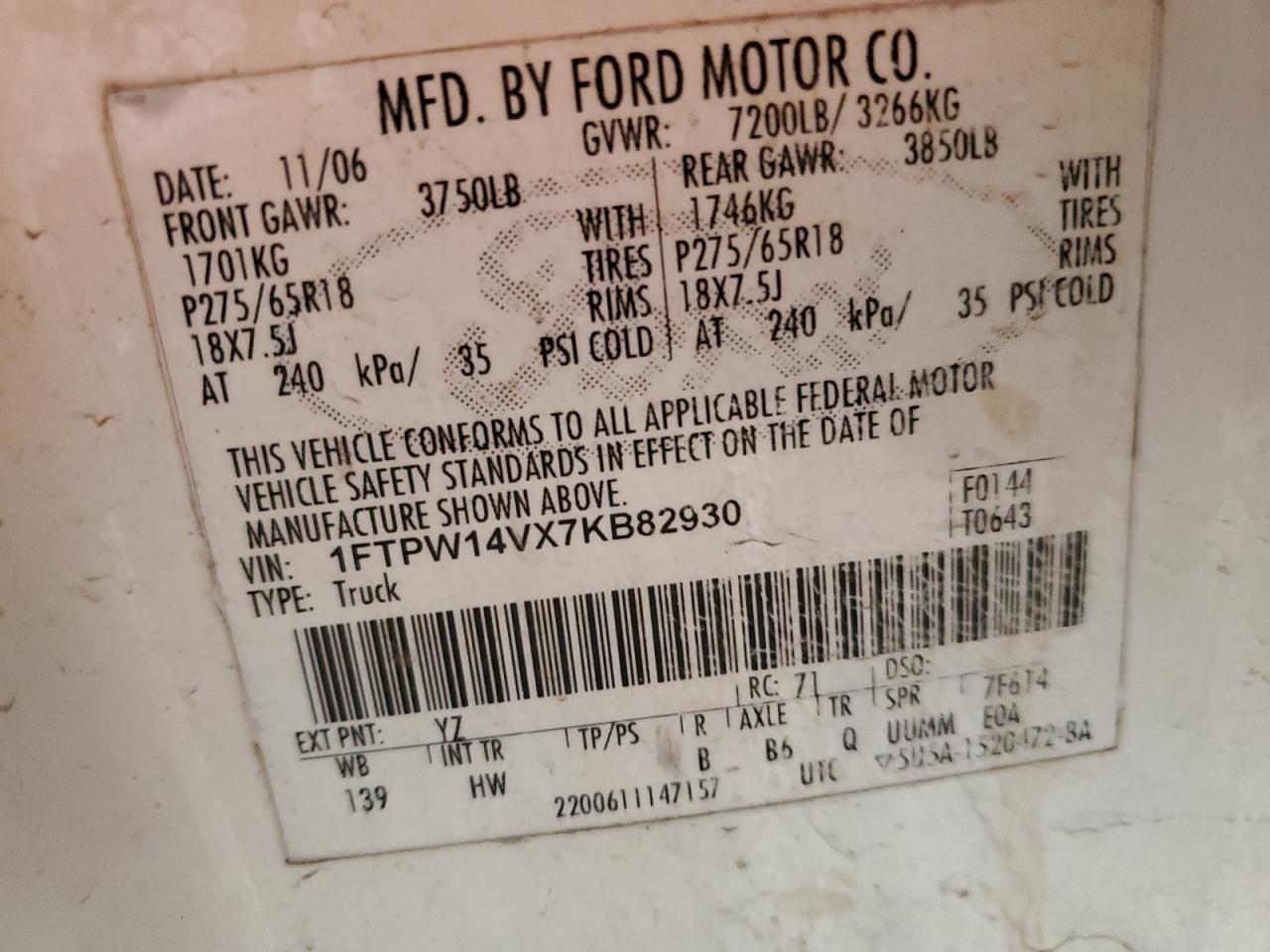 2007 Ford F150 Supercrew VIN: 1FTPW14VX7KB82930 Lot: 64744445