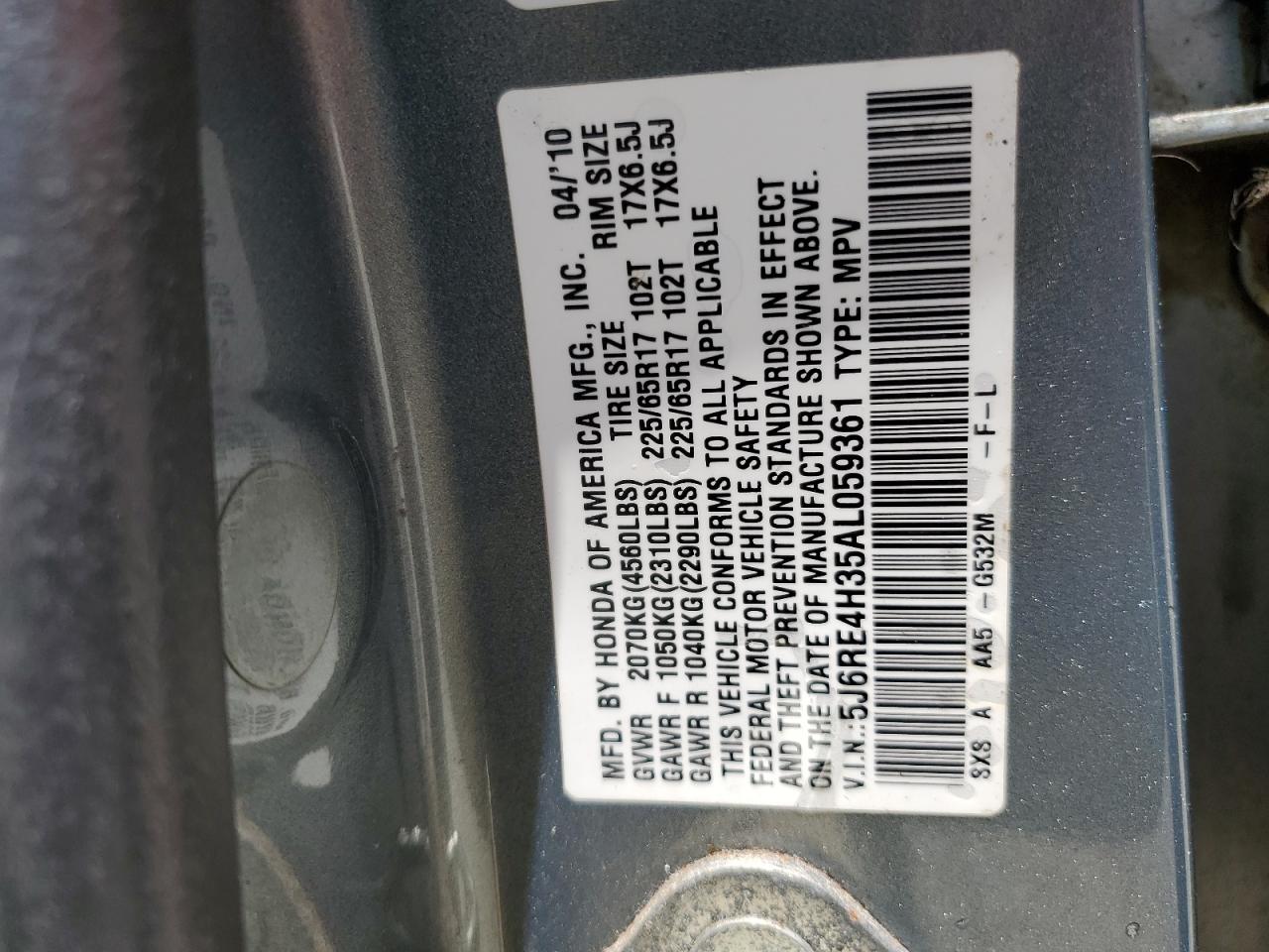 2010 Honda Cr-V Lx VIN: 5J6RE4H35AL059361 Lot: 63770985