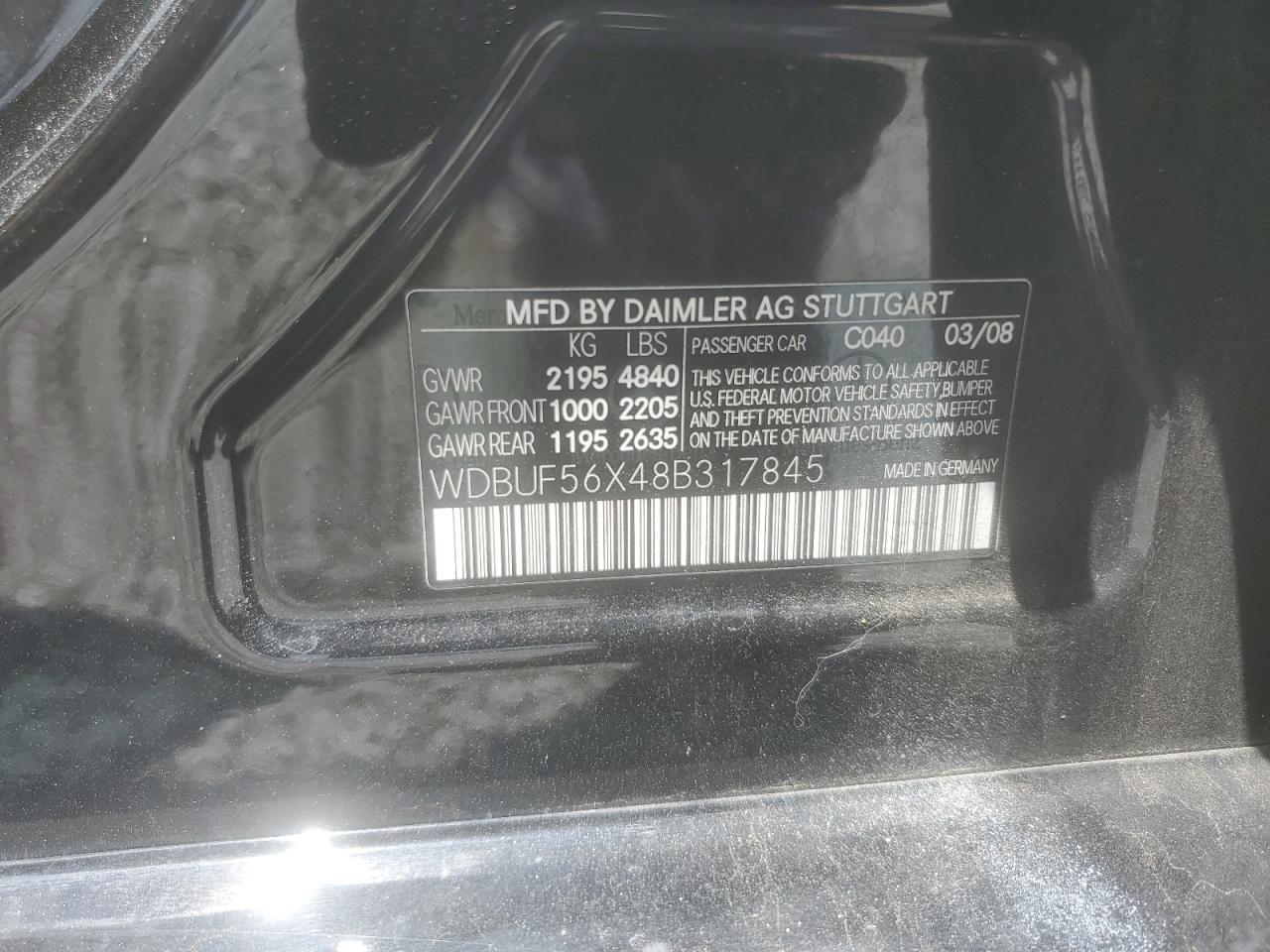 2008 Mercedes-Benz E 350 VIN: WDBUF56X48B317845 Lot: 65365245
