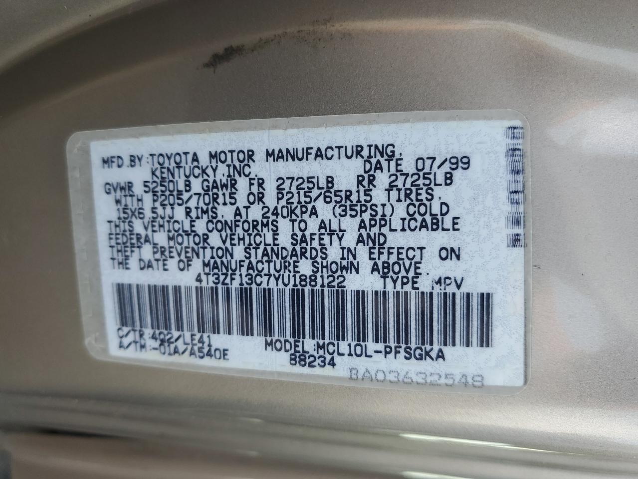 2000 Toyota Sienna Le VIN: 4T3ZF13C7YU188122 Lot: 65561765