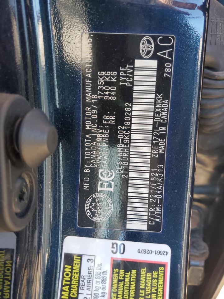 2019 Toyota Corolla L VIN: 2T1BURHE9KC180282 Lot: 65271095