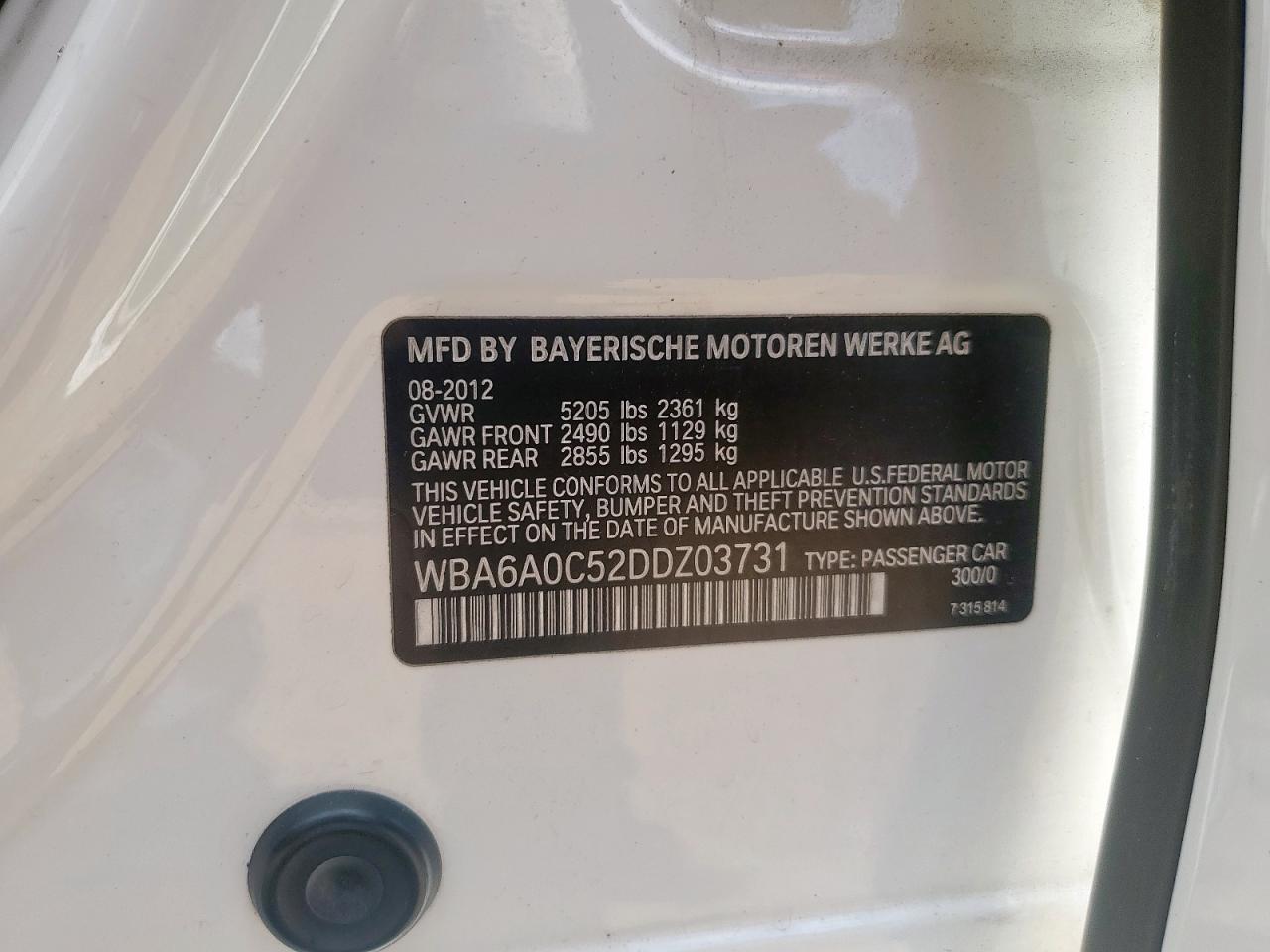 2013 BMW 640 I VIN: WBA6A0C52DDZ03731 Lot: 63915385