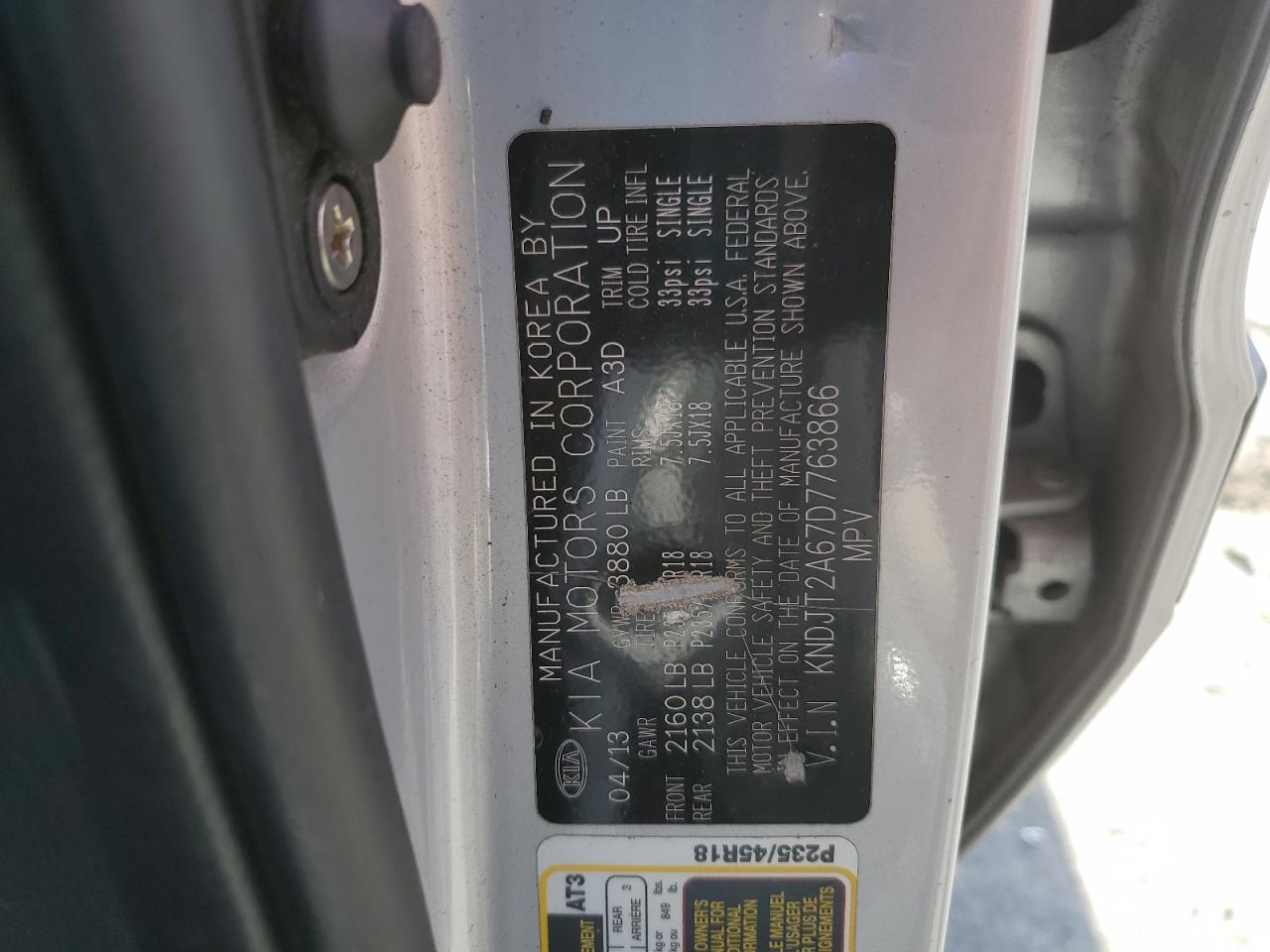 2013 Kia Soul + VIN: KNDJT2A67D7763866 Lot: 65187605