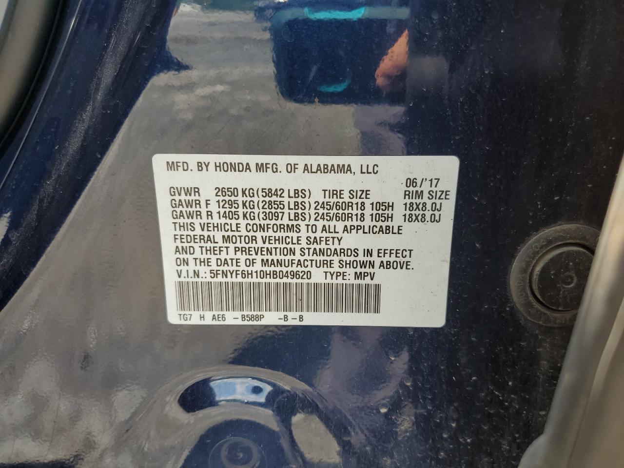 2017 Honda Pilot Lx VIN: 5FNYF6H10HB049620 Lot: 64684525
