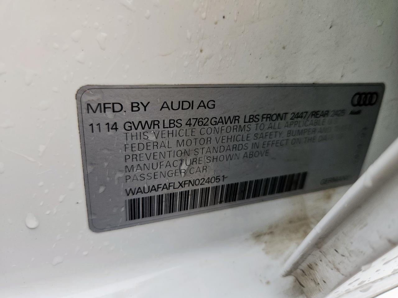 2015 Audi A4 Premium VIN: WAUAFAFLXFN024051 Lot: 64582015