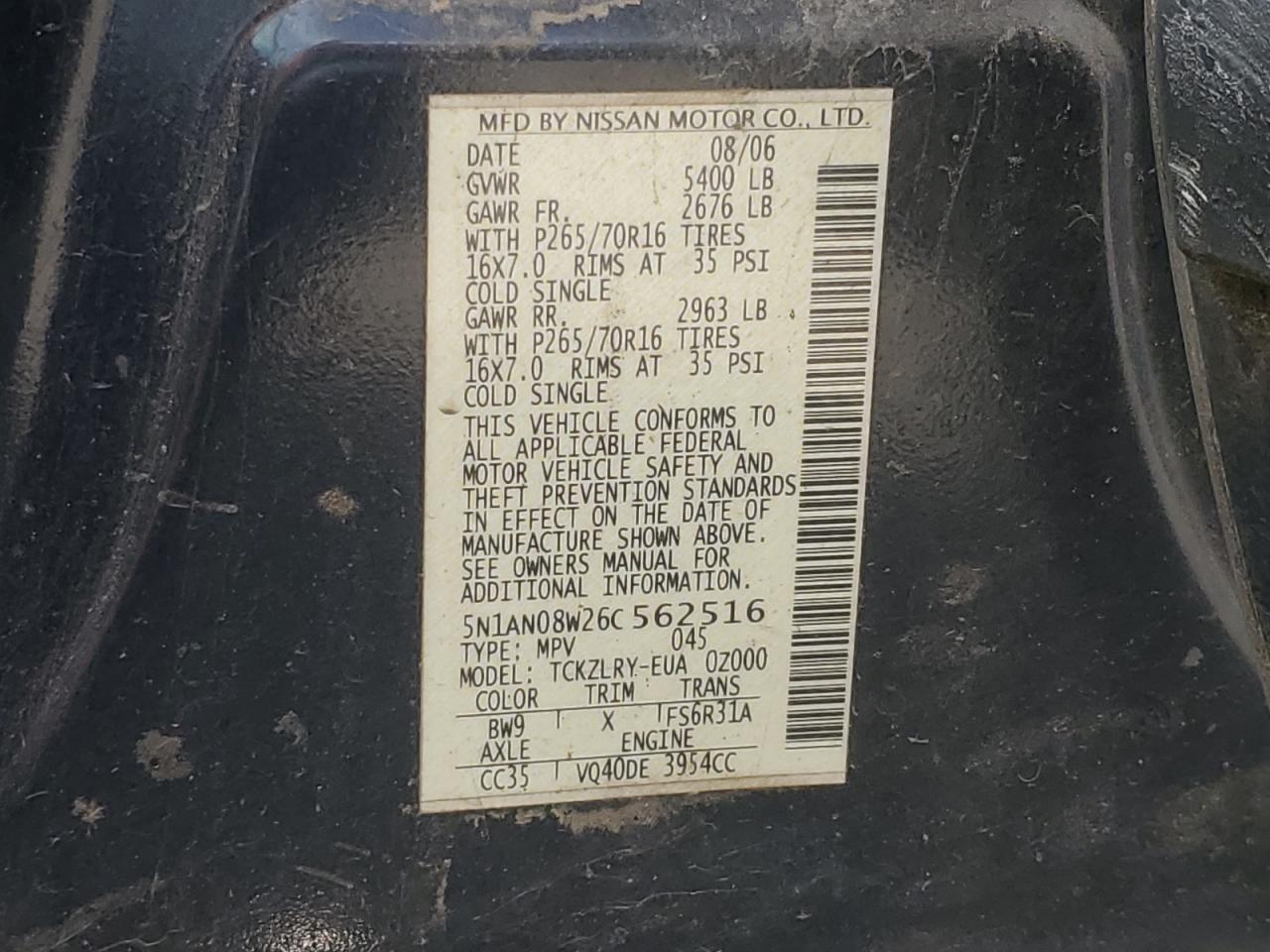 2006 Nissan Xterra Off Road VIN: 5N1AN08W26C562516 Lot: 71913825