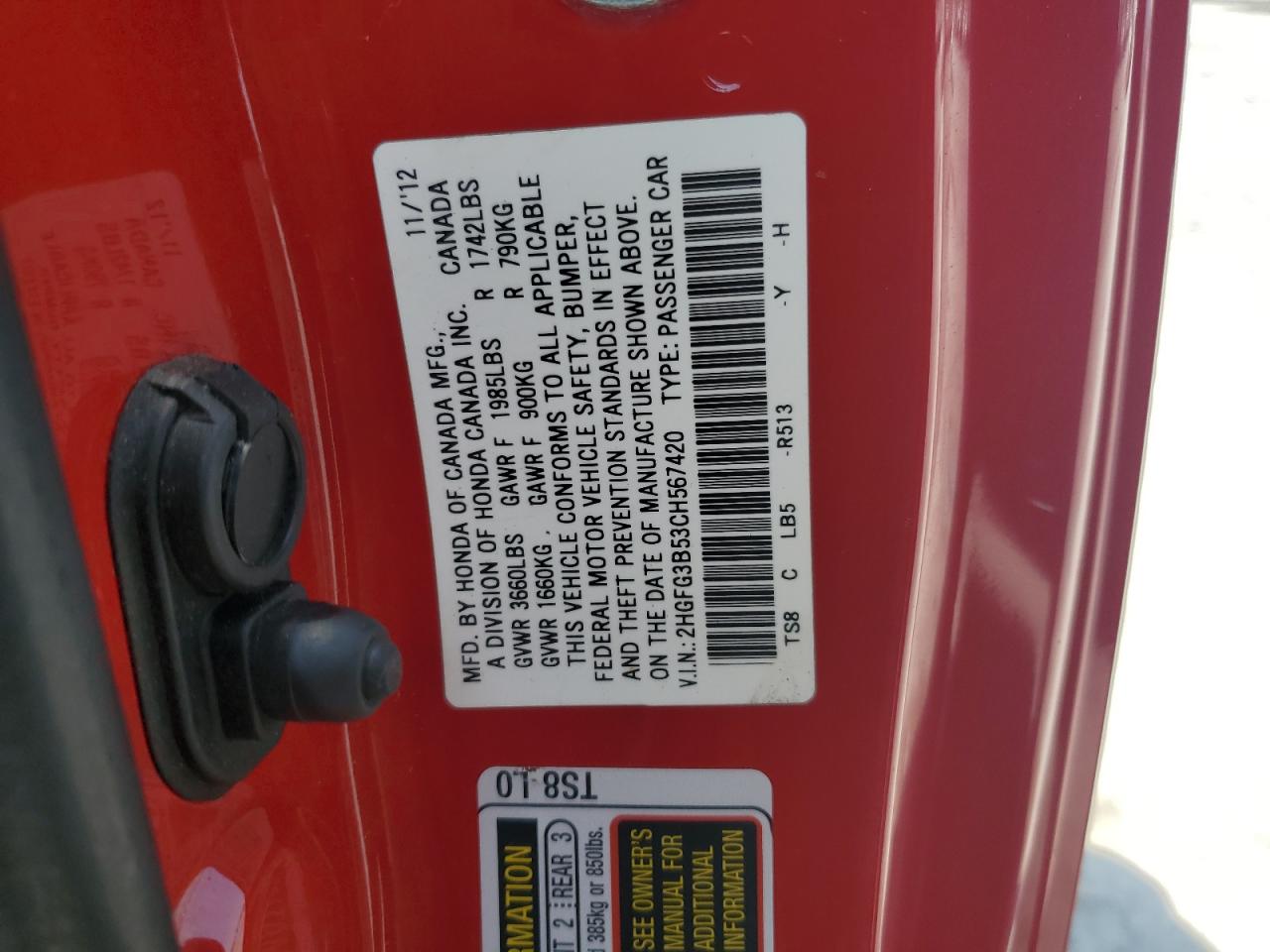 2012 Honda Civic Lx VIN: 2HGFG3B53CH567420 Lot: 59481285