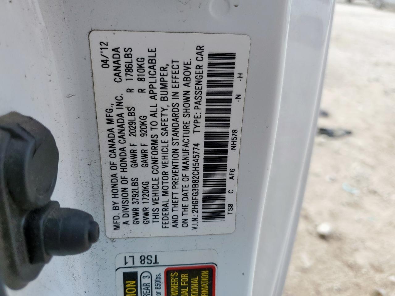 2HGFG3B82CH545774 2012 Honda Civic Ex