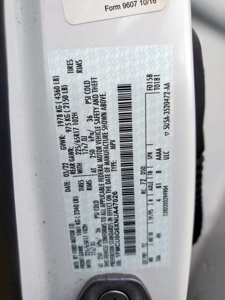 2022 Ford Escape Se VIN: 1FMCU0G6XNUA47026 Lot: 62832385