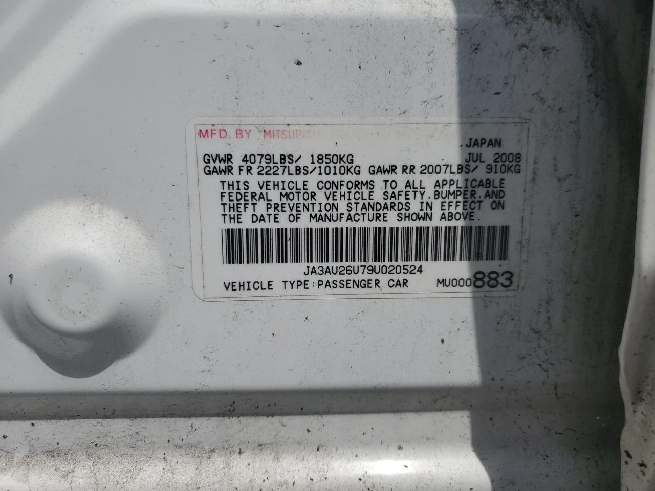2009 Mitsubishi Lancer Es/Es Sport VIN: JA3AU26U79U020524 Lot: 63655005