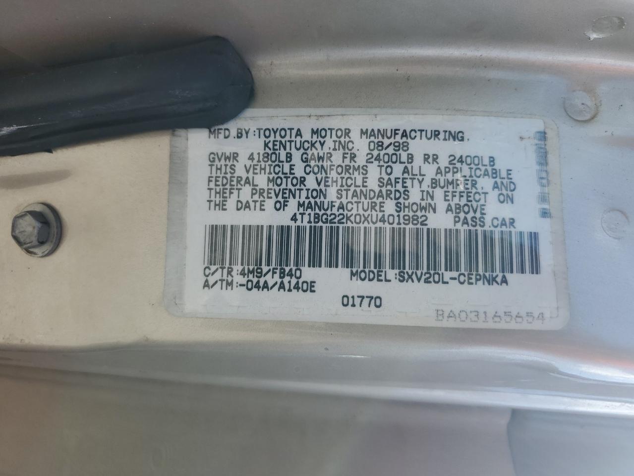 1999 Toyota Camry Ce VIN: 4T1BG22K0XU401982 Lot: 63294855