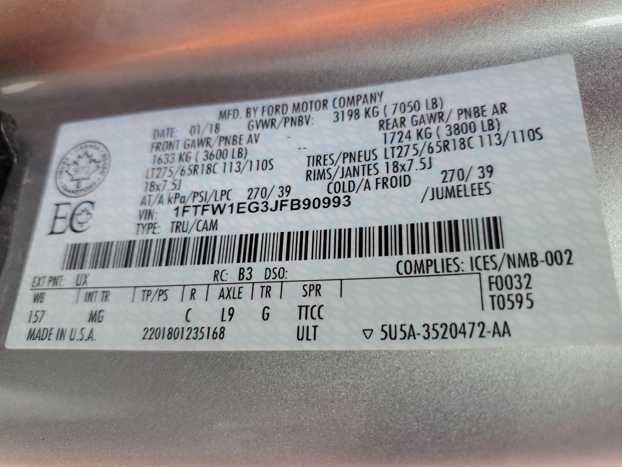 2018 Ford F150 Supercrew VIN: 1FTFW1EG3JFB90993 Lot: 64446865