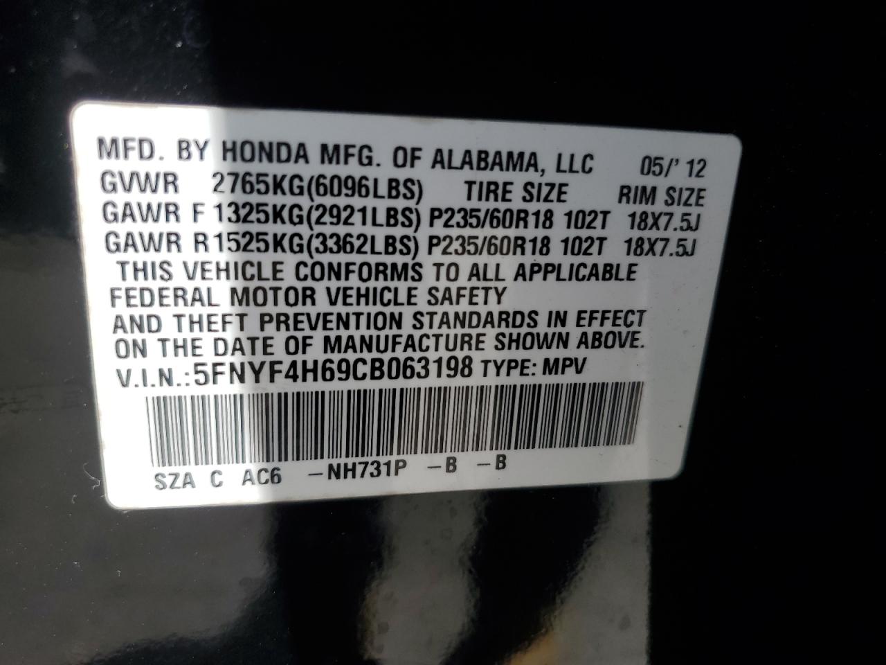 2012 Honda Pilot Exl VIN: 5FNYF4H69CB063198 Lot: 64886285