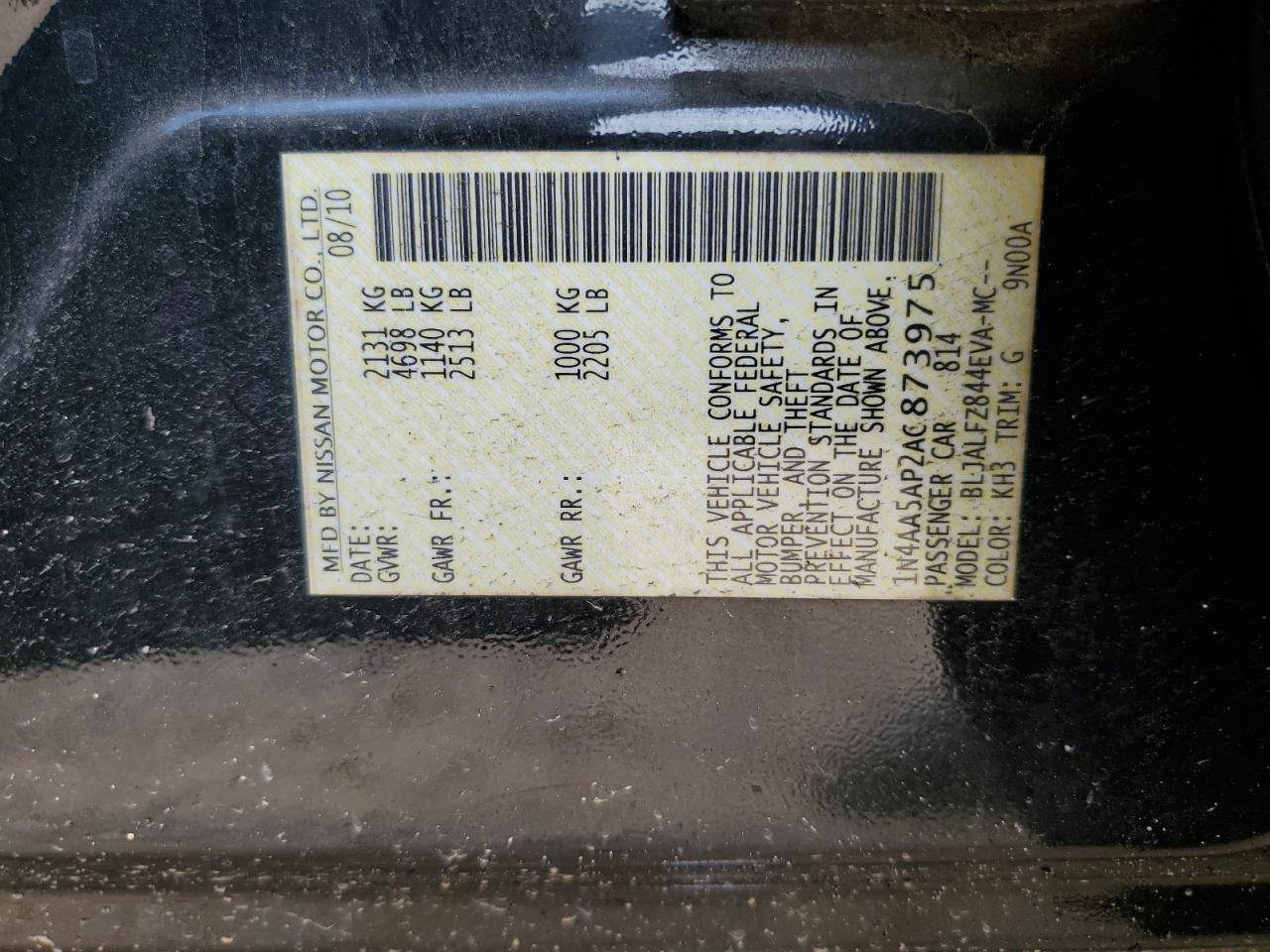 2010 Nissan Maxima S VIN: 1N4AA5AP2AC873975 Lot: 63037145