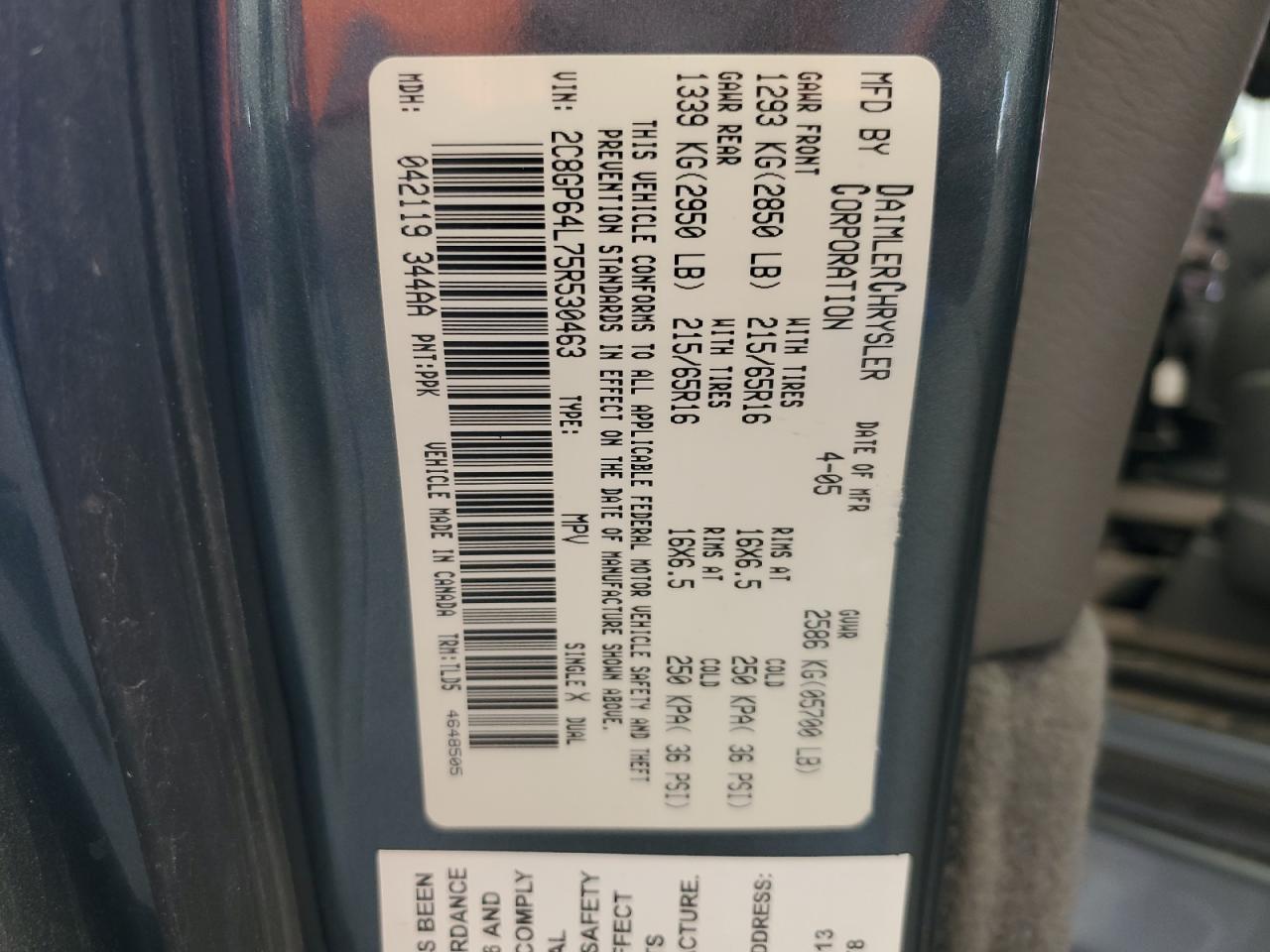2005 Chrysler Town & Country Limited VIN: 2C8GP64L75R530463 Lot: 62887035