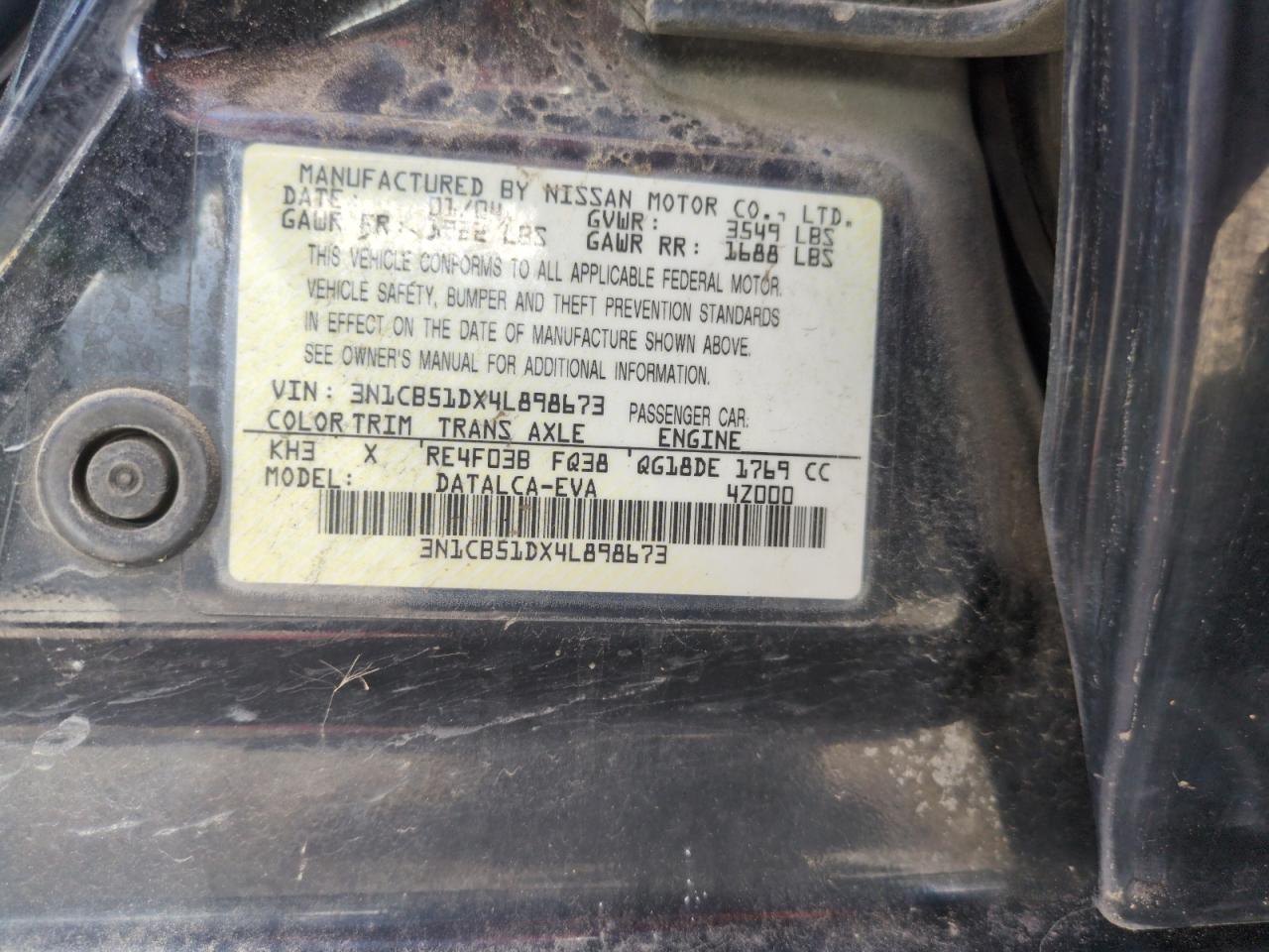 2004 Nissan Sentra 1.8 VIN: 3N1CB51DX4L898673 Lot: 64830265