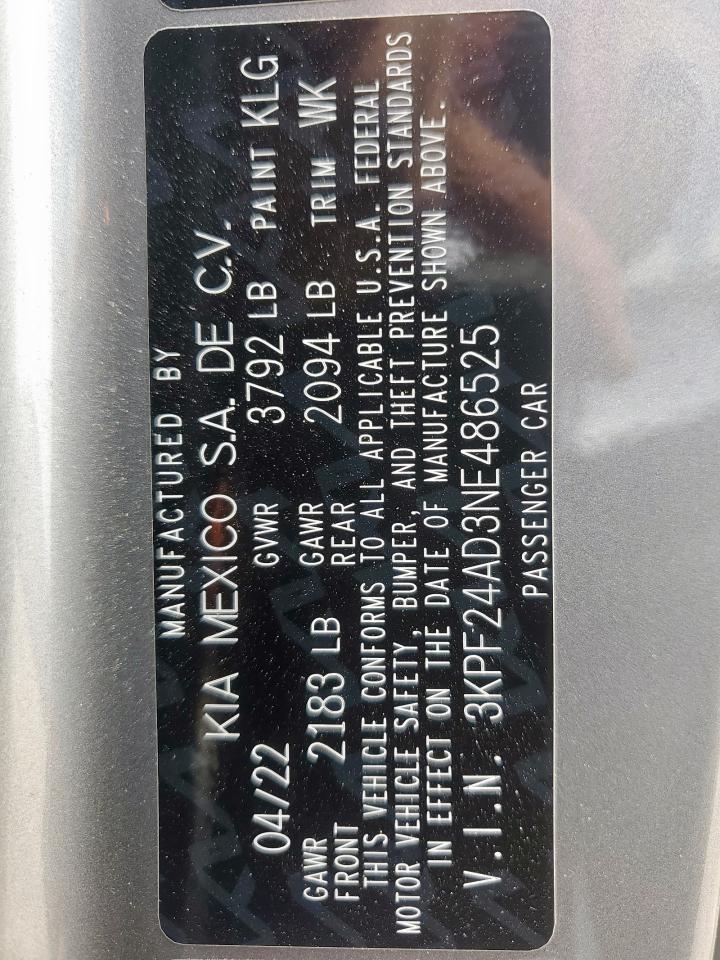2022 Kia Forte Fe VIN: 3KPF24AD3NE486525 Lot: 64687585