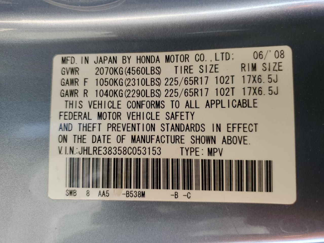 2008 Honda Cr-V Lx VIN: JHLRE38358C053153 Lot: 64888995