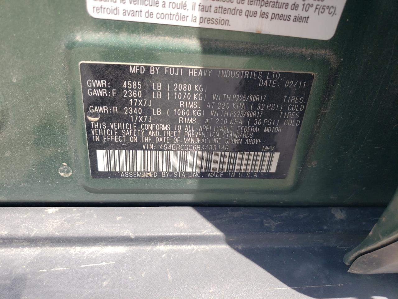 2011 Subaru Outback 2.5I Premium VIN: 4S4BRCGC6B3403140 Lot: 66502735