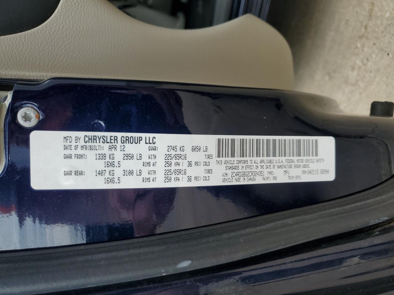 2012 Dodge Grand Caravan Se VIN: 2C4RDGBG2CR324351 Lot: 62198215