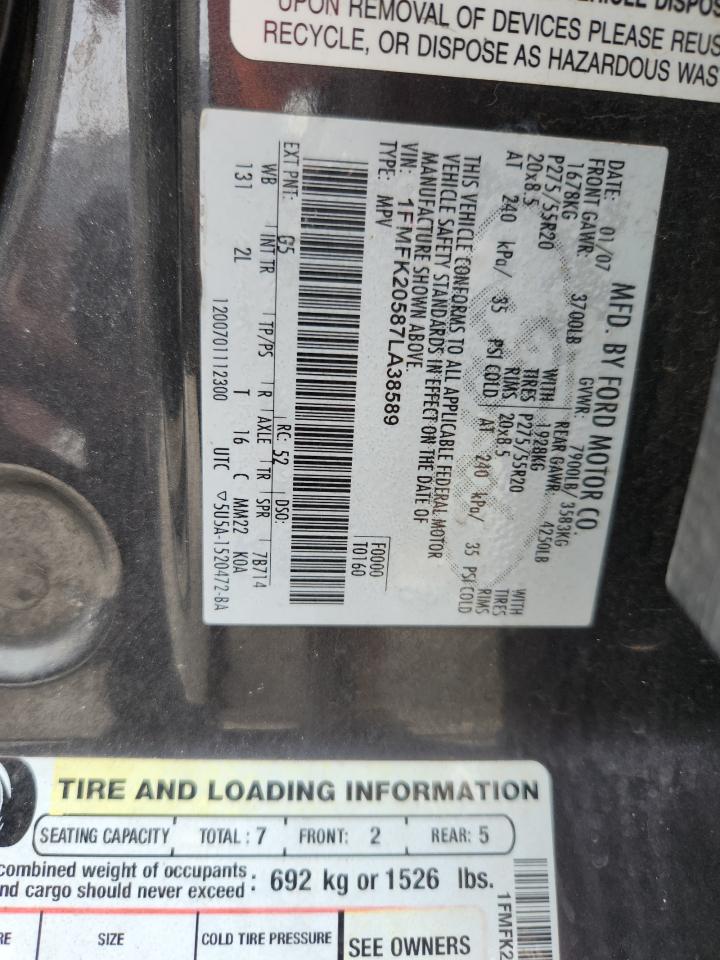 2007 Ford Expedition El Limited VIN: 1FMFK20587LA38589 Lot: 62947405