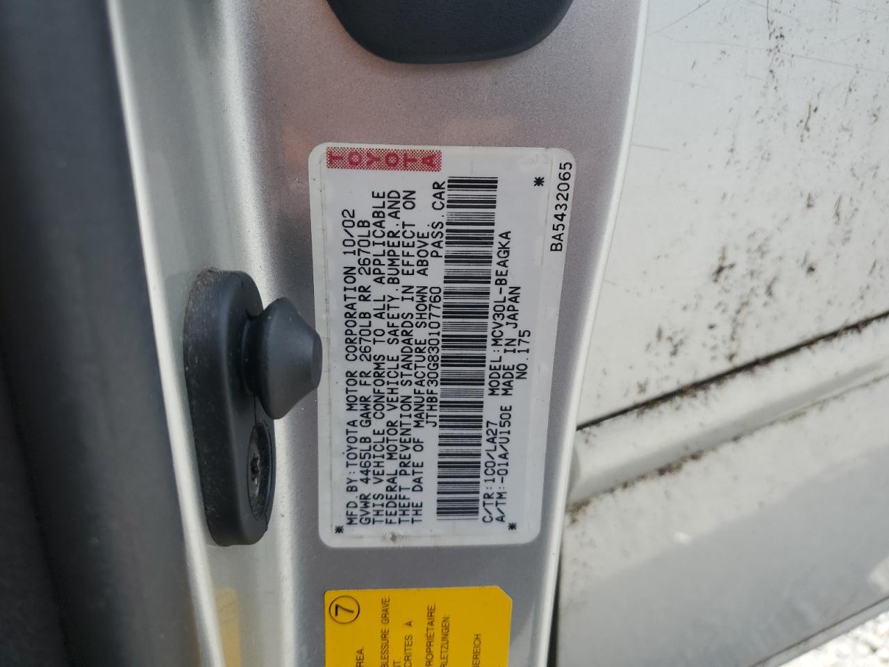 2003 Lexus Es 300 VIN: JTHBF30G830107760 Lot: 62566755