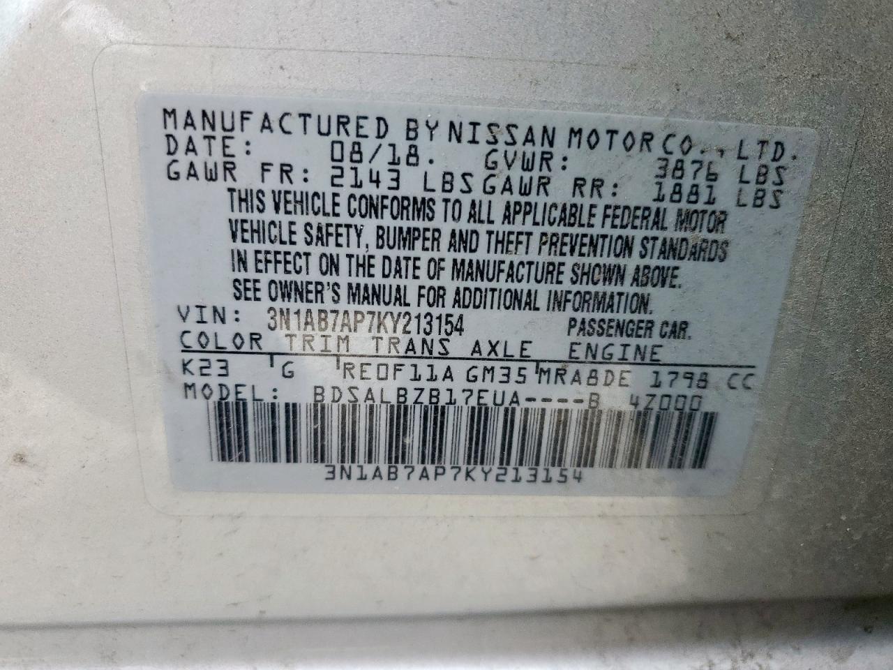 2019 Nissan Sentra S VIN: 3N1AB7AP7KY213154 Lot: 63158945