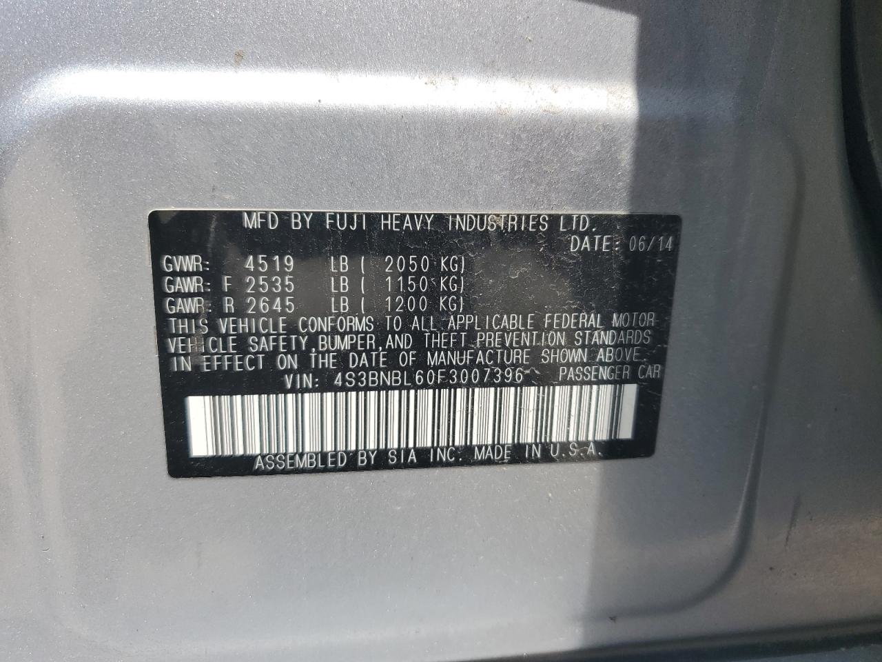 2015 Subaru Legacy 2.5I Limited VIN: 4S3BNBL60F3007396 Lot: 63345525