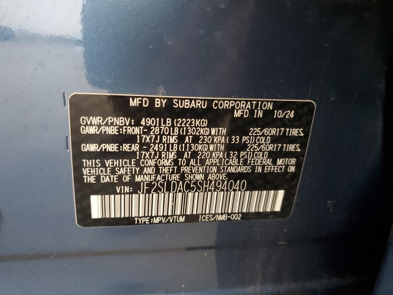 2025 Subaru Forester VIN: JF2SLDAC5SH494040 Lot: 65141935