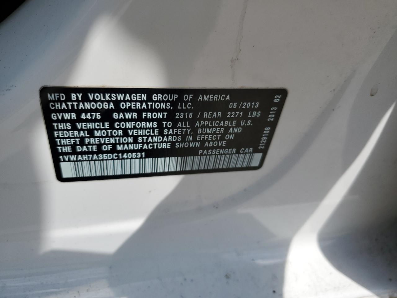 2013 Volkswagen Passat S VIN: 1VWAH7A35DC140531 Lot: 63441455