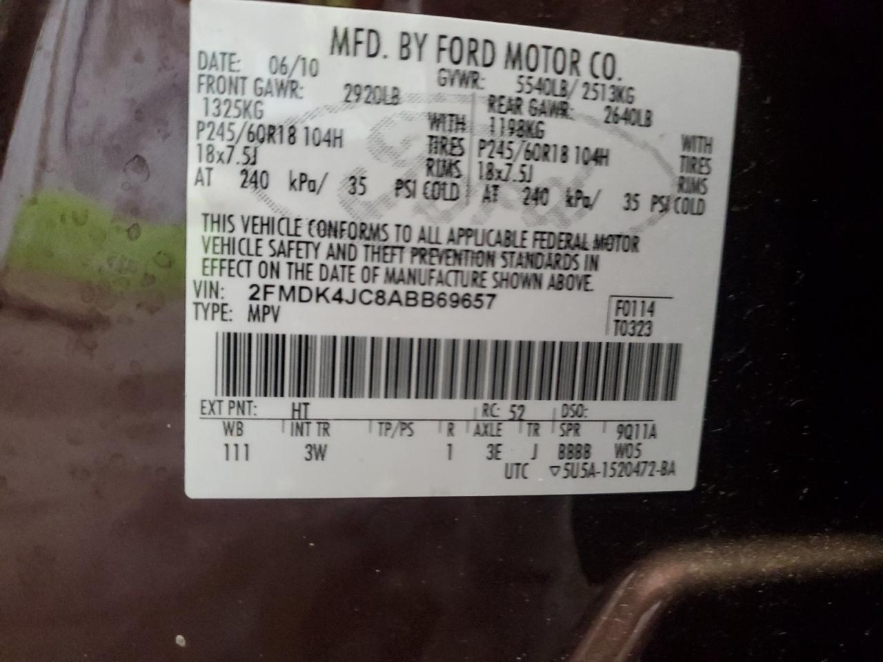 2010 Ford Edge Sel VIN: 2FMDK4JC8ABB69657 Lot: 64661615