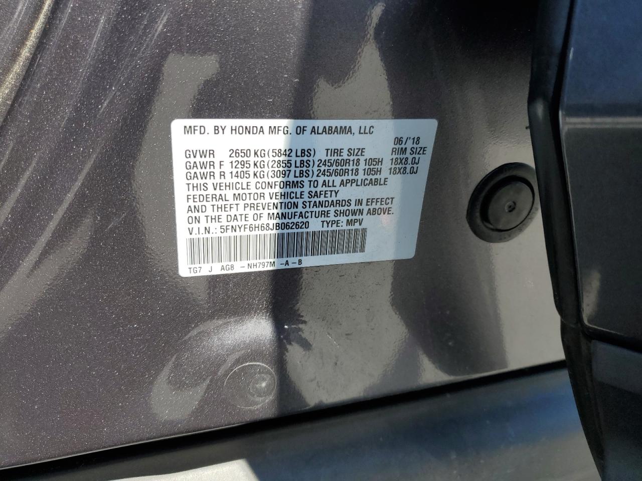 2018 Honda Pilot Exl VIN: 5FNYF6H68JB062620 Lot: 64461045
