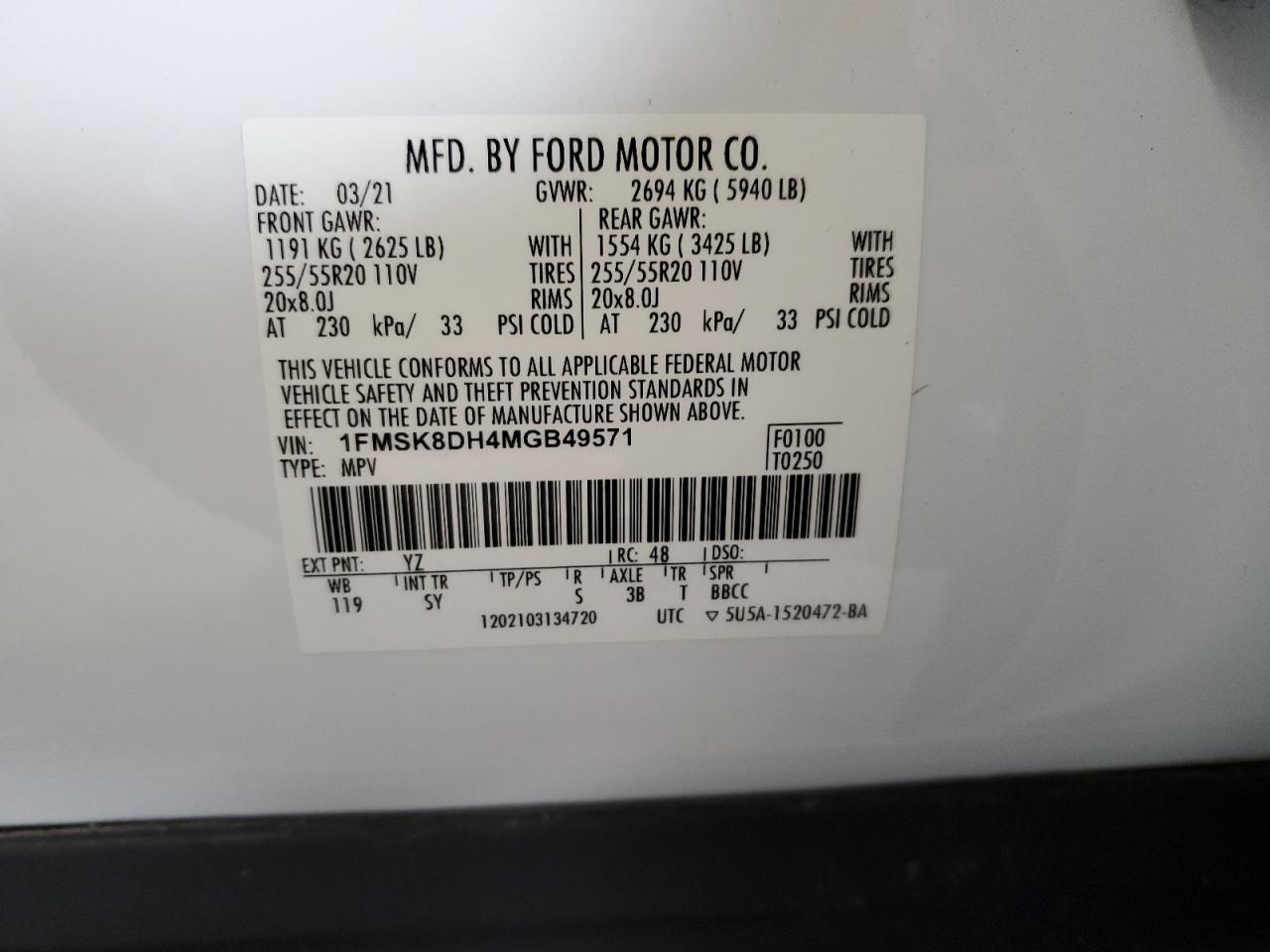 2021 Ford Explorer Xlt VIN: 1FMSK8DH4MGB49571 Lot: 62914105
