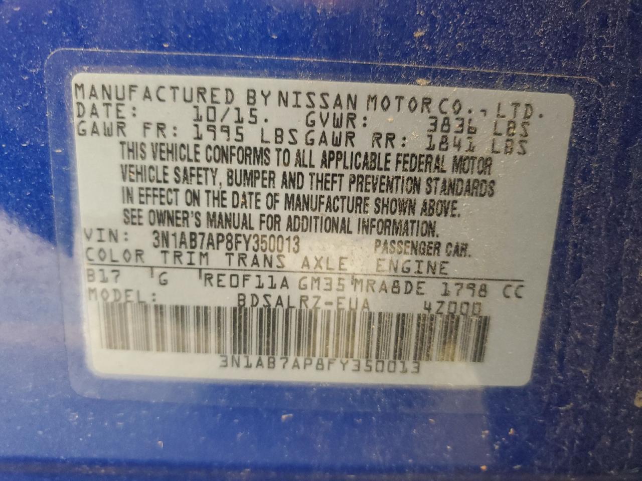 2015 Nissan Sentra S VIN: 3N1AB7AP8FY350083 Lot: 65524115