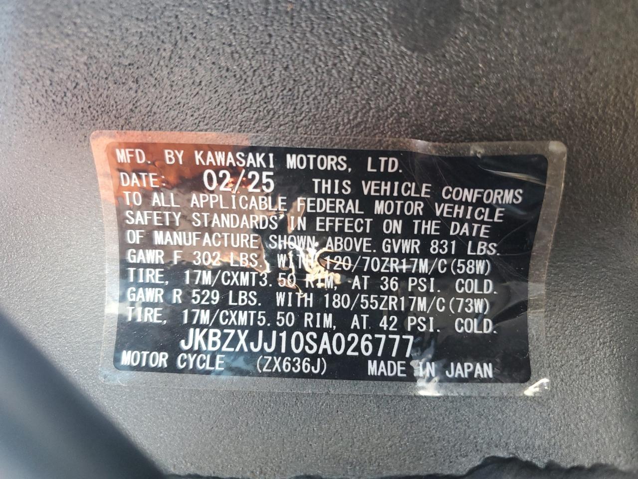 jkbzxjj10sa026777 JKBZXJJ10SA026777 2025 Kawasaki Zx636 K
