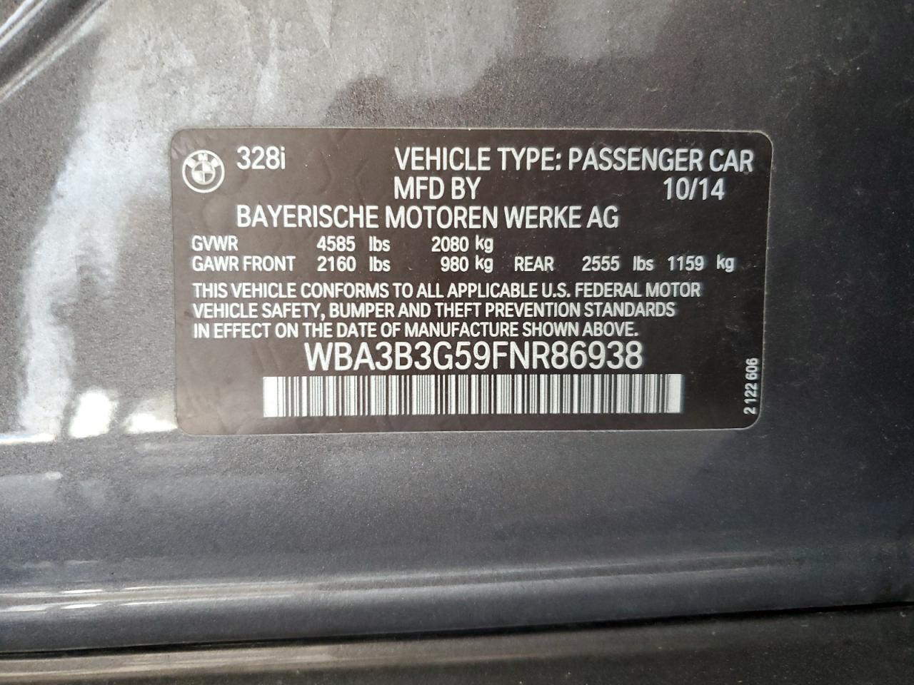 2015 BMW 328 Xi VIN: WBA3B3G59FNR86938 Lot: 66036875