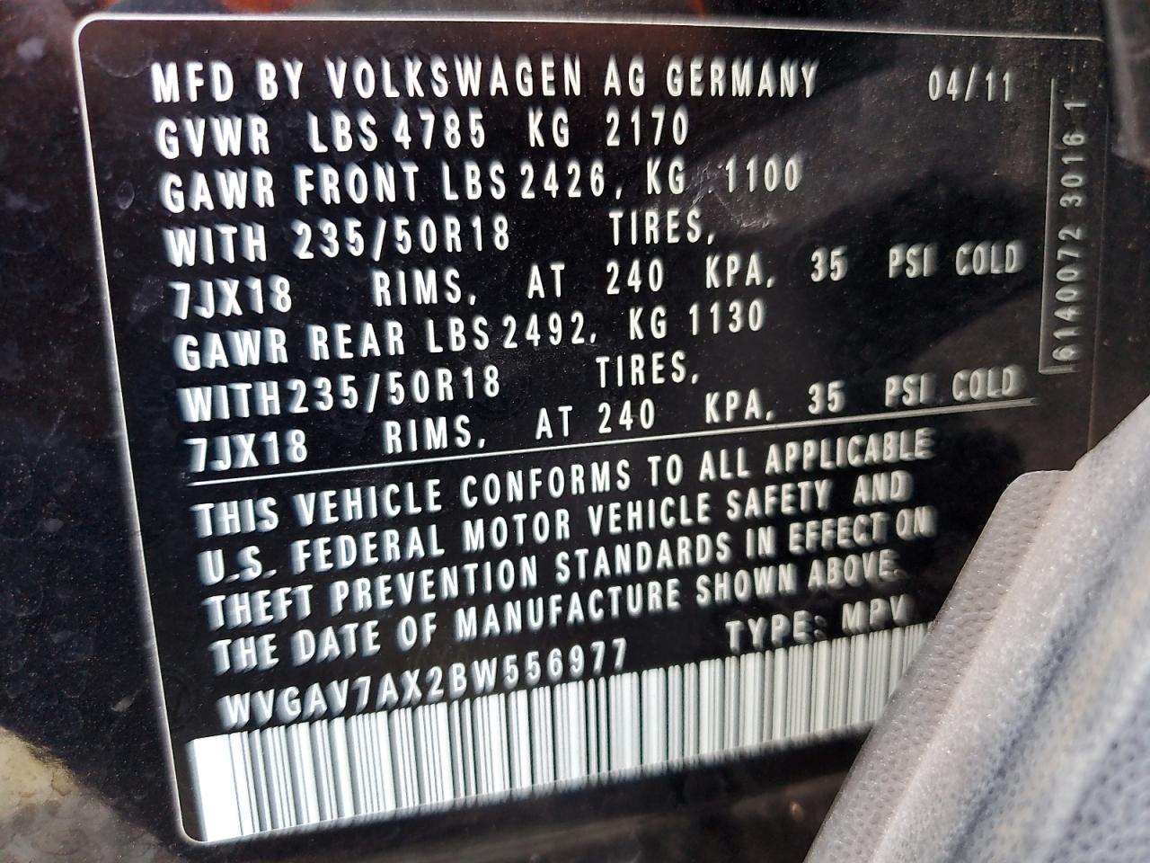 2011 Volkswagen Tiguan S VIN: WVGAV7AX2BW556977 Lot: 64801375