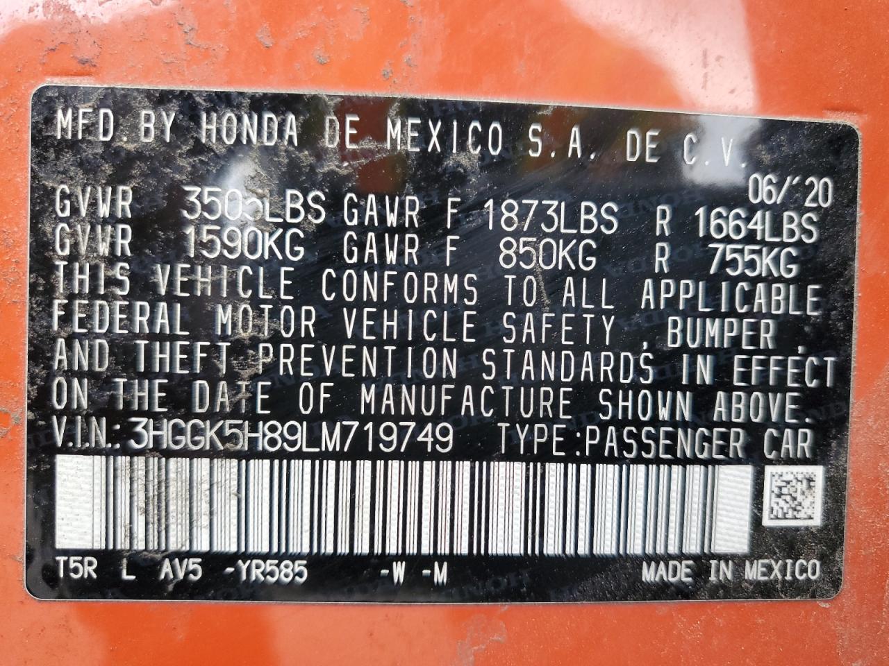 2020 Honda Fit Ex VIN: 3HGGK5H89LM719749 Lot: 64747805
