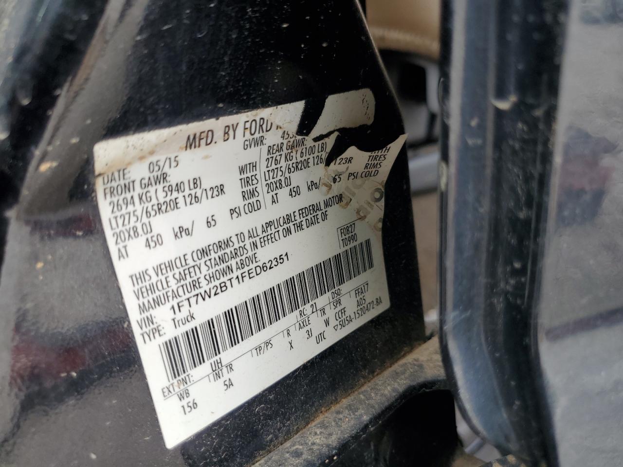 2015 Ford F250 Super Duty VIN: 1FT7W2BT1FED62351 Lot: 65722375