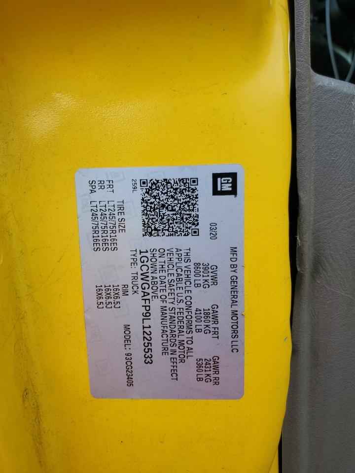 2020 Chevrolet Express G2500 VIN: 1GCWGAFP9L1225533 Lot: 65429015