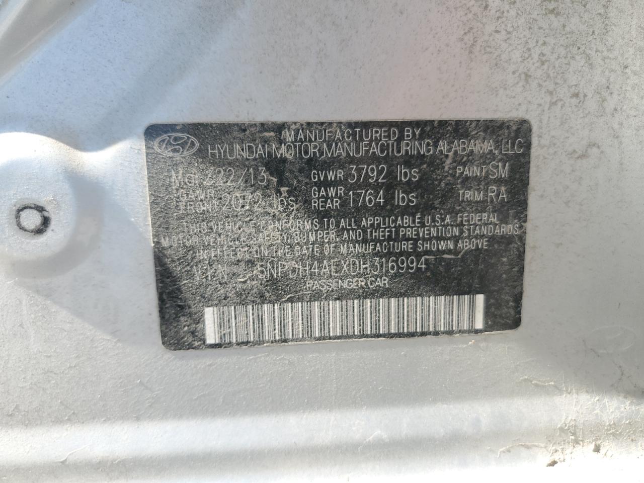 2013 Hyundai Elantra Gls VIN: 5NPDH4AEXDH316994 Lot: 63455435