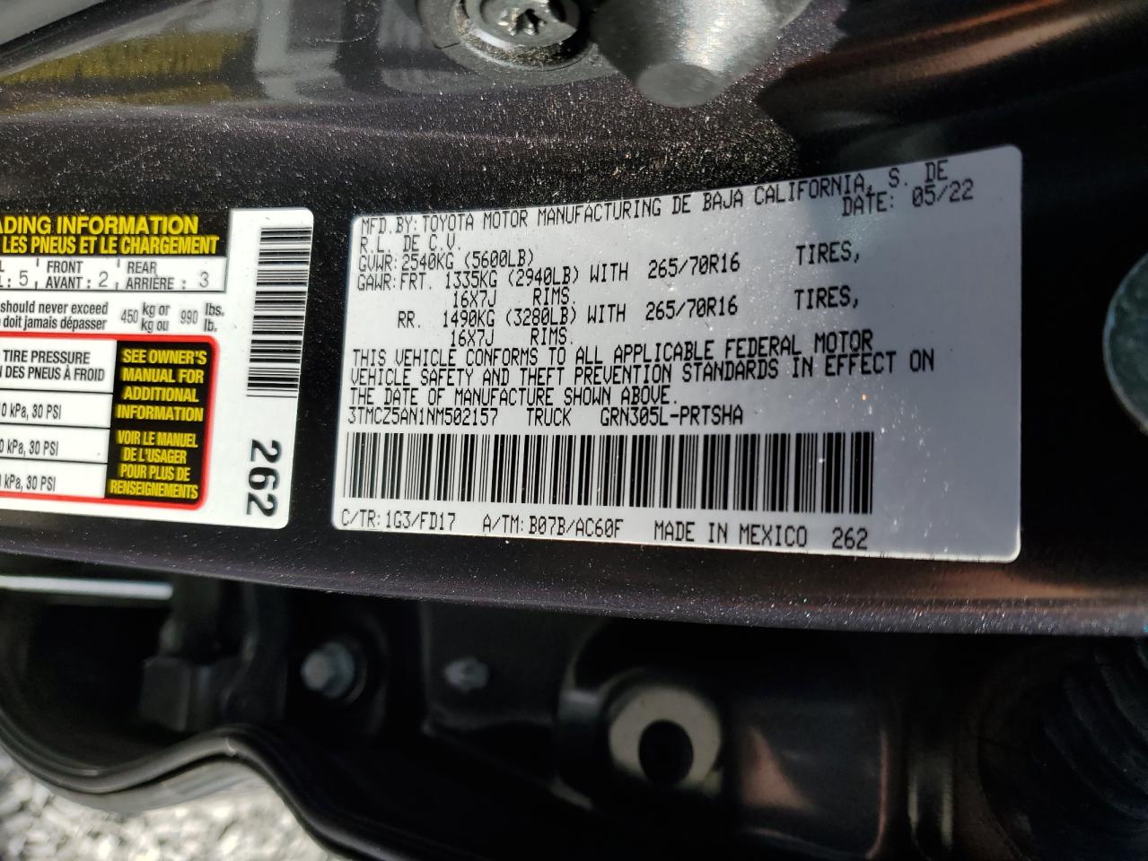 2022 Toyota Tacoma Double Cab VIN: 3TMCZ5AN1NM502157 Lot: 63388555