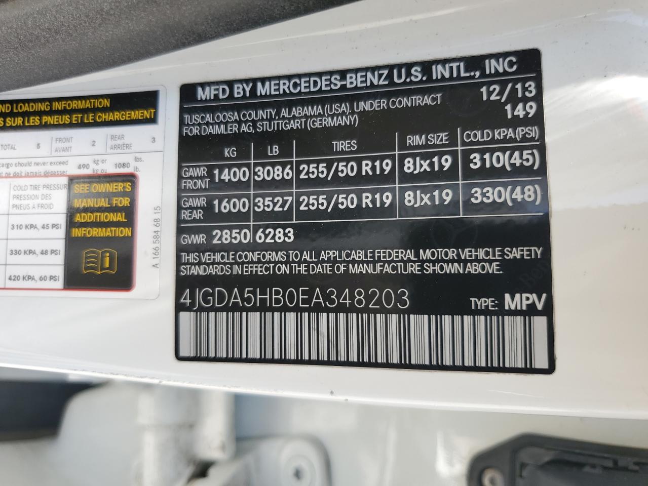 2014 Mercedes-Benz Ml 350 4Matic VIN: 4JGDA5HB0EA348203 Lot: 64521315