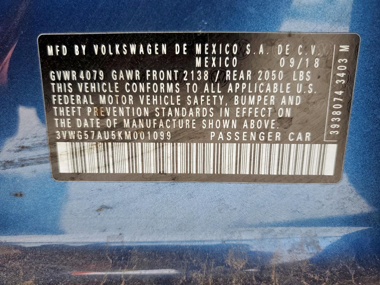2019 Volkswagen Golf S VIN: 3VWG57AU5KM001099 Lot: 63424825