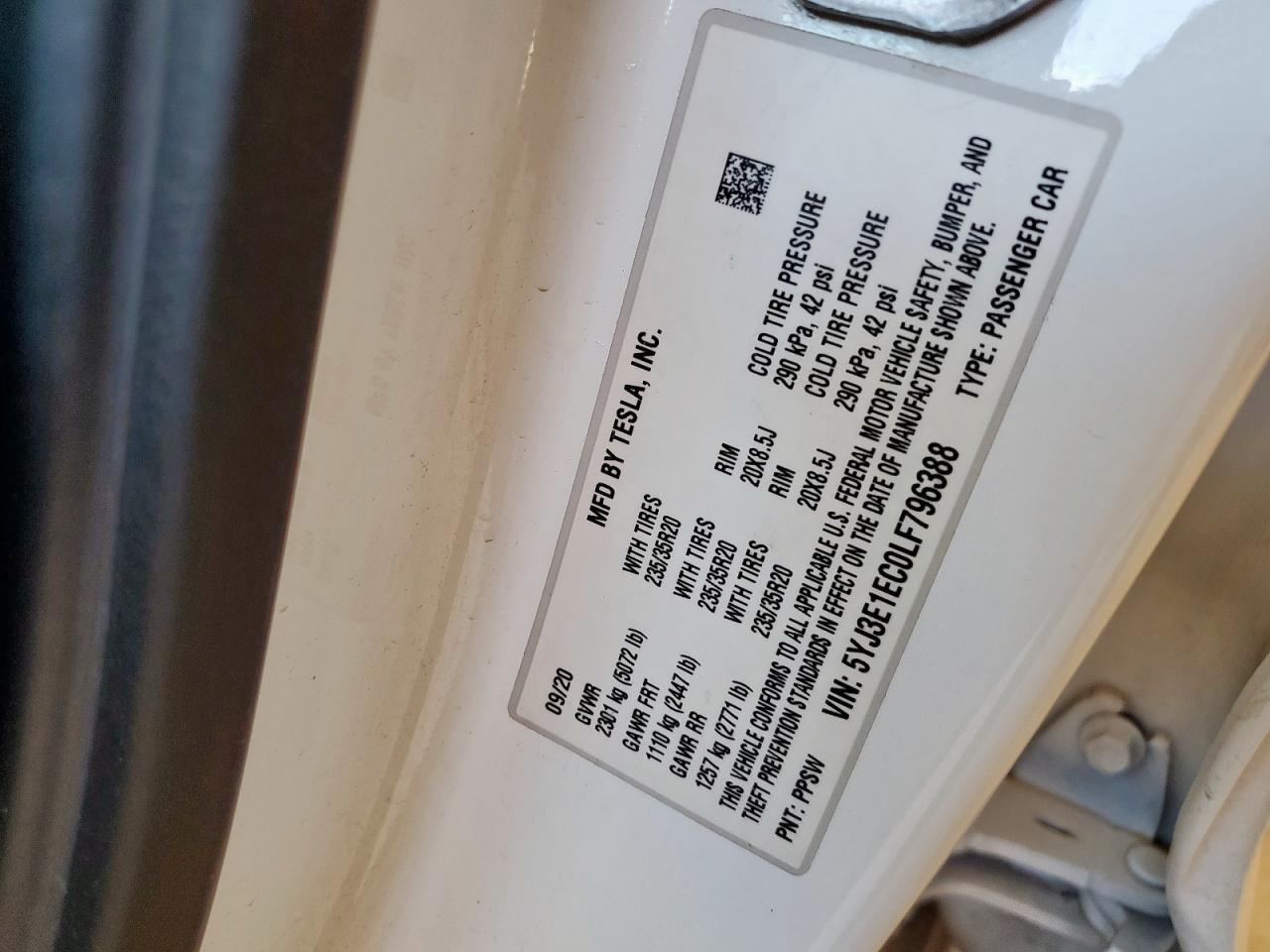 2020 Tesla Model 3 VIN: 5YJ3E1EC0LF796388 Lot: 64714845