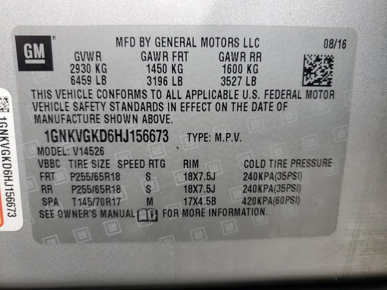 2017 Chevrolet Traverse Lt VIN: 1GNKVGKD6HJ156673 Lot: 64446635