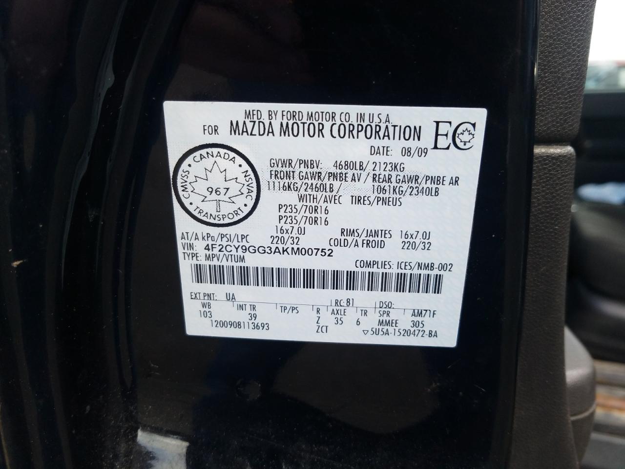4f2cy9gg3akm00752 4F2CY9GG3AKM00752 2010 Mazda Tribute S