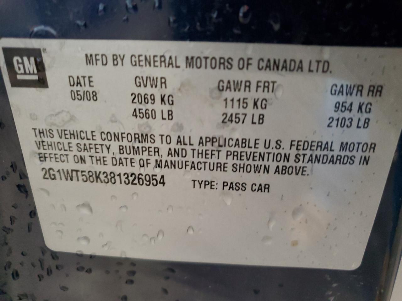 2008 Chevrolet Impala Lt VIN: 2G1WT58K381326954 Lot: 63233735