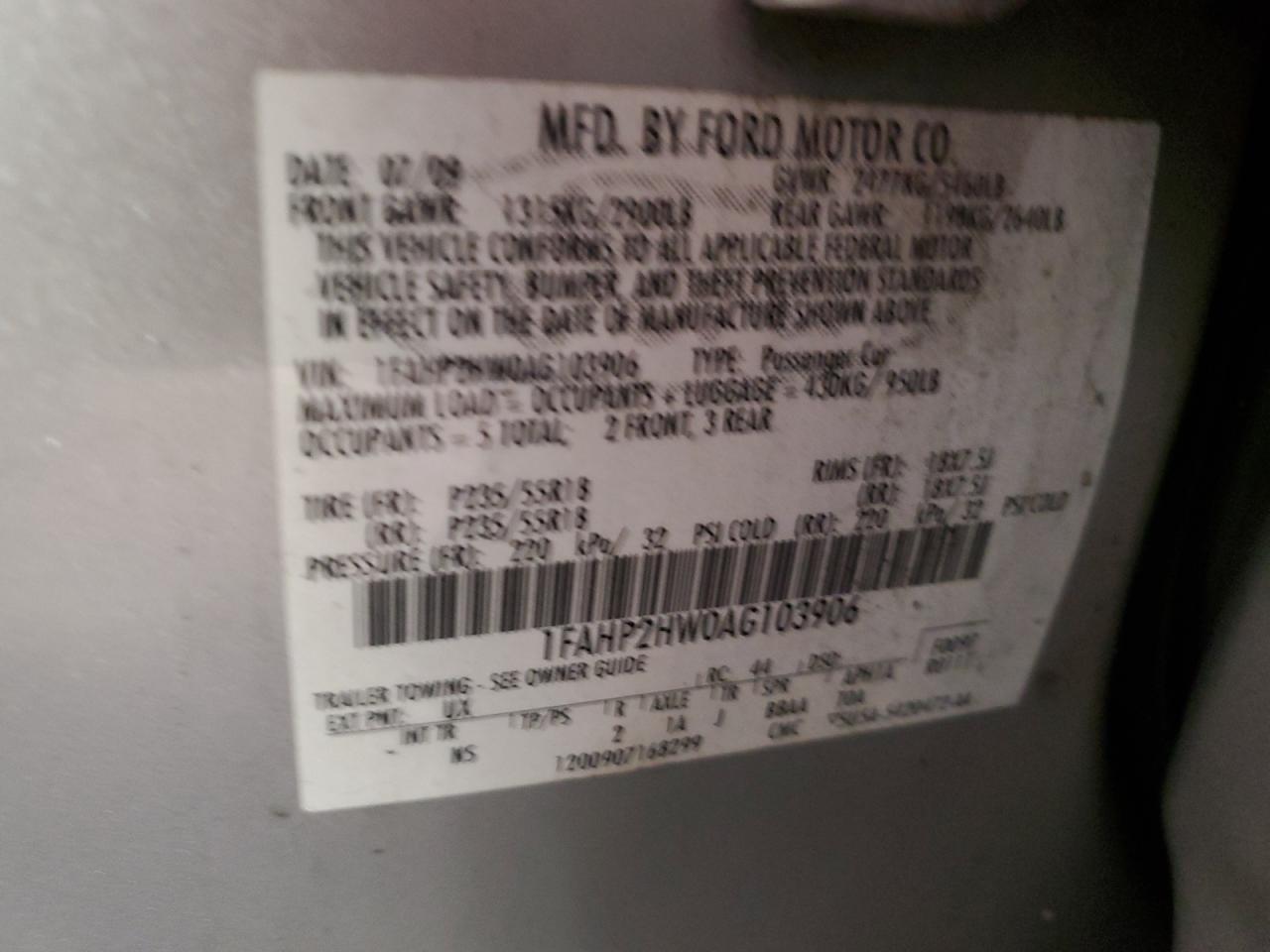 2010 Ford Taurus Sel VIN: 1FAHP2HW0AG103906 Lot: 63435455
