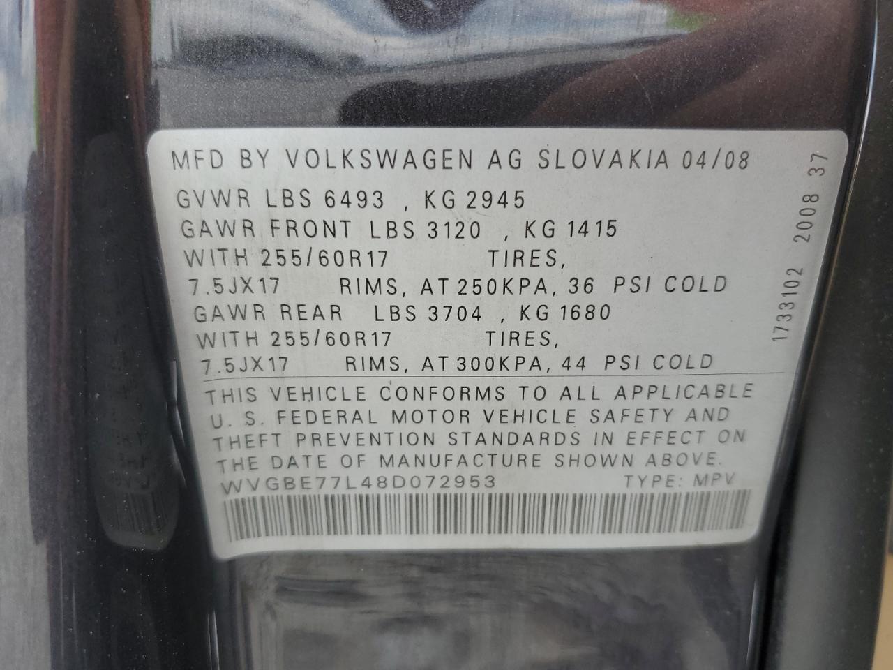 2008 Volkswagen Touareg 2 V6 VIN: WVGBE77L48D072953 Lot: 63320345